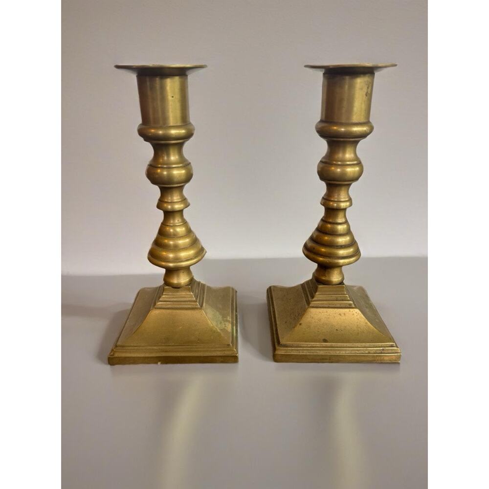Anderson Foundry Arts & Crafts Mission Brass Candlesticks Pair 6 3/8” Art Deco